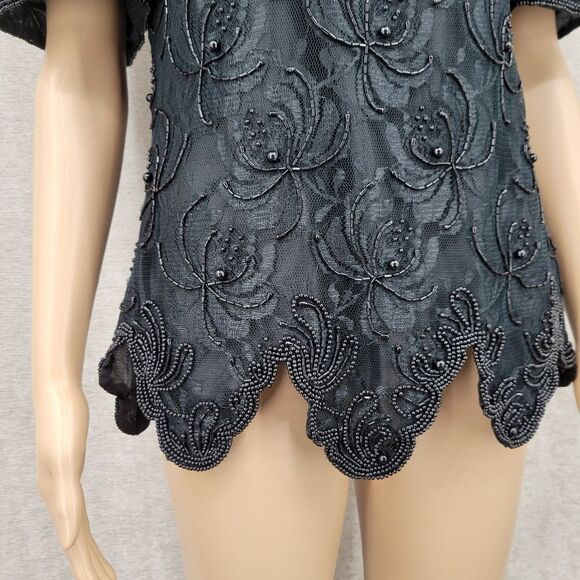 Laurence Kazar Vintage Mesh Lace Black Beaded Blouse 80s Scalloped Hem - Picture 2 of 9